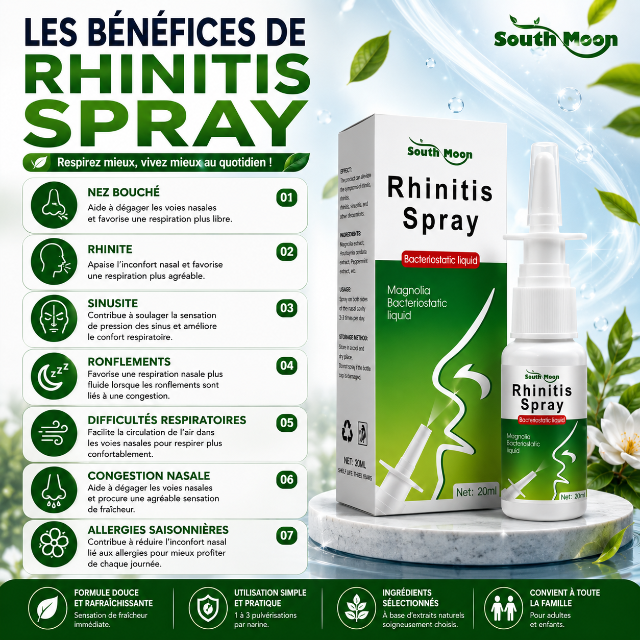Spray naturel 3 en 1 anti-sinusite, purification des poumons et anti-ronflement