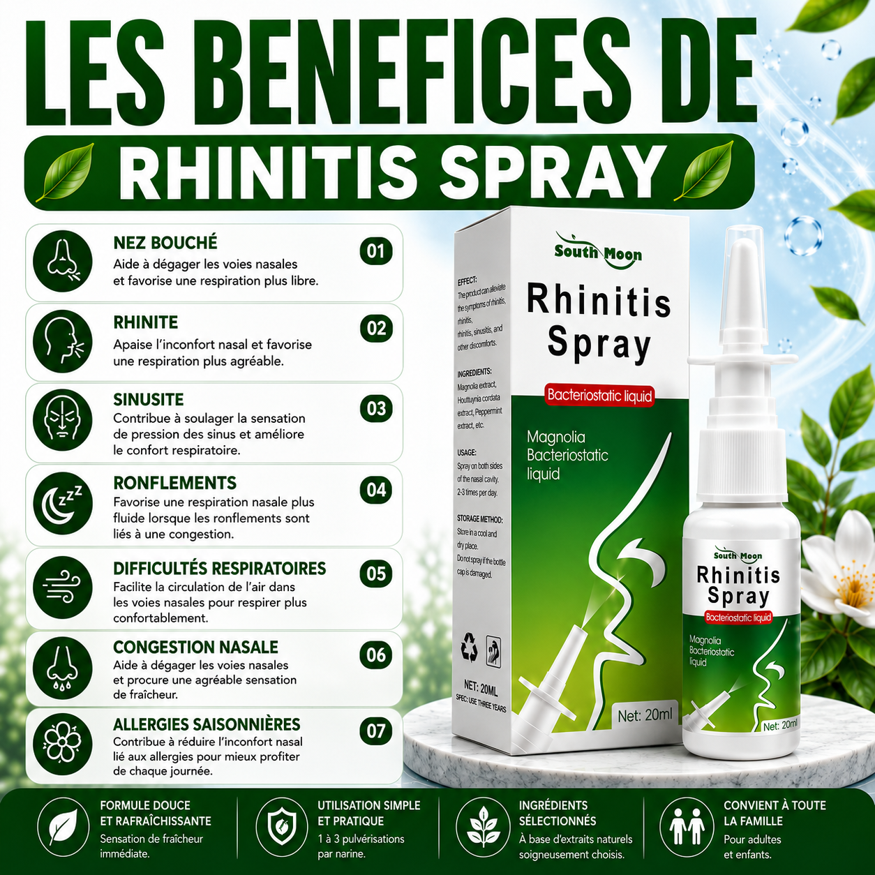 Spray naturel 3 en 1 anti-sinusite, purification des poumons et anti-ronflement
